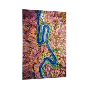 Quadro su vetro - Una vista a volo d'uccello di una strada tortuosa tra alberi autunnali colorati - 50x70cm - Via tortuosa attraverso il bosco - Decorazione murale moderna per soggiorno e camera da letto ARTTOR