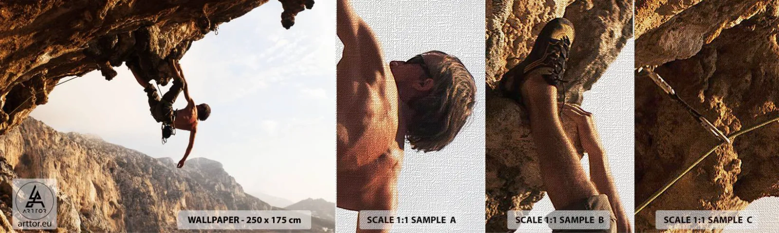 Campione di Fotomurale Premium Canvas - Il mondo ristretto in una mano sul bordo del masso - Isola di Kalimnos, Arrampicata, Paesaggio - 100x30 cm