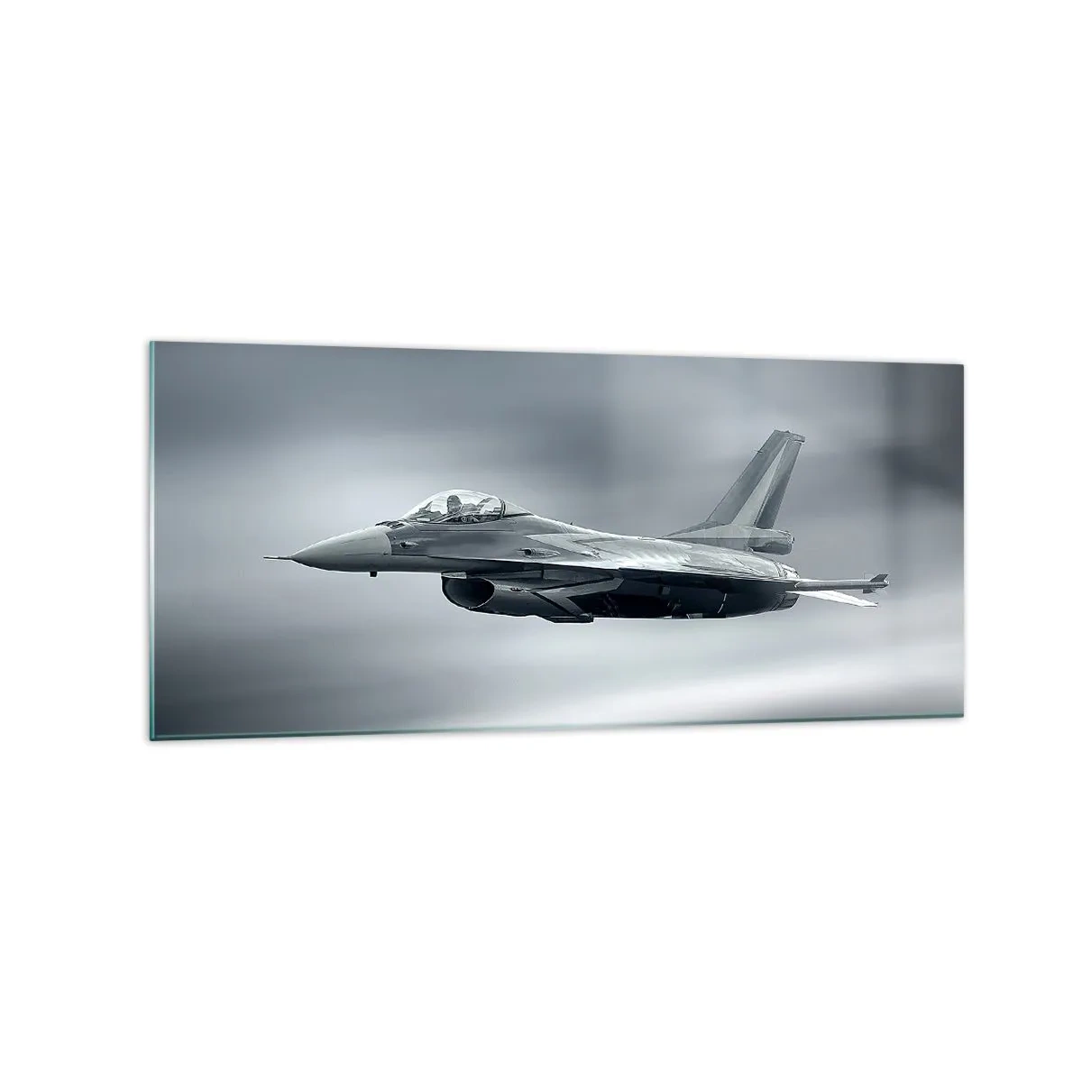 Quadro su vetro - Un aereo da caccia in volo contro un cielo nuvoloso - 120x50cm - Lanci la sfida? - Decorazione murale moderna per soggiorno e camera da letto ARTTOR