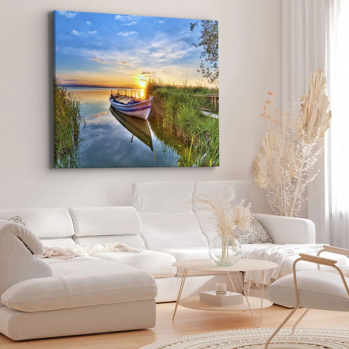 Quadro su tela - Stampe su Tela - Una barca in una baia tranquilla al tramonto - 120x80cm - L'insenatura dei sogni realizzati - Decorazione murale moderna per soggiorno e camera da letto ARTTOR
