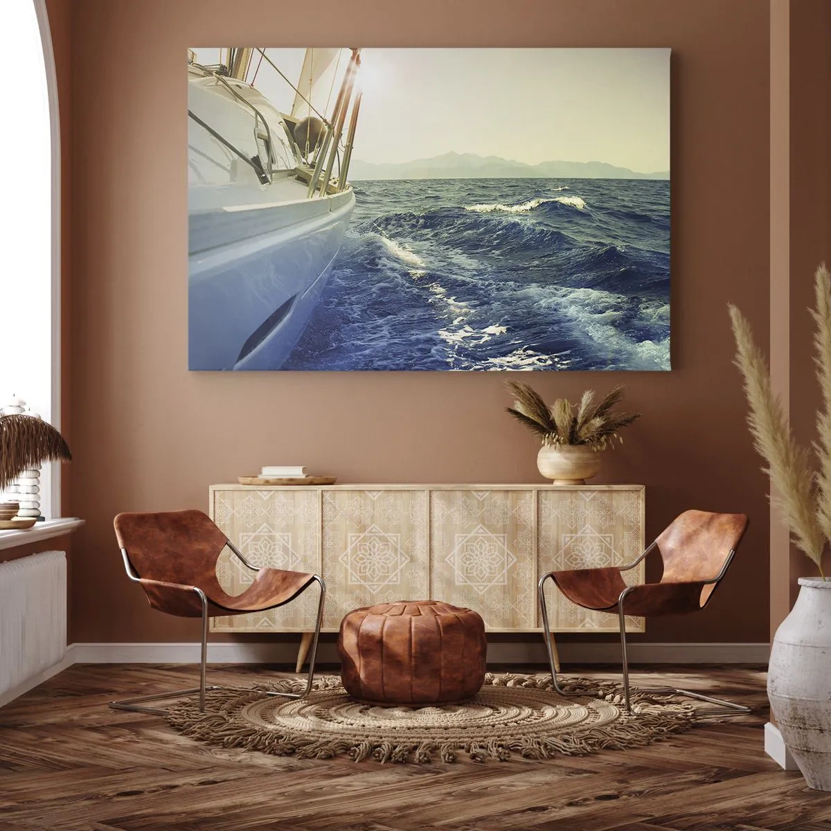 Quadro su tela - Stampe su Tela - Uno yacht in mare aperto con vista sulle onde - 70x50cm - Verso l'avventura - Decorazione murale moderna per soggiorno e camera da letto ARTTOR