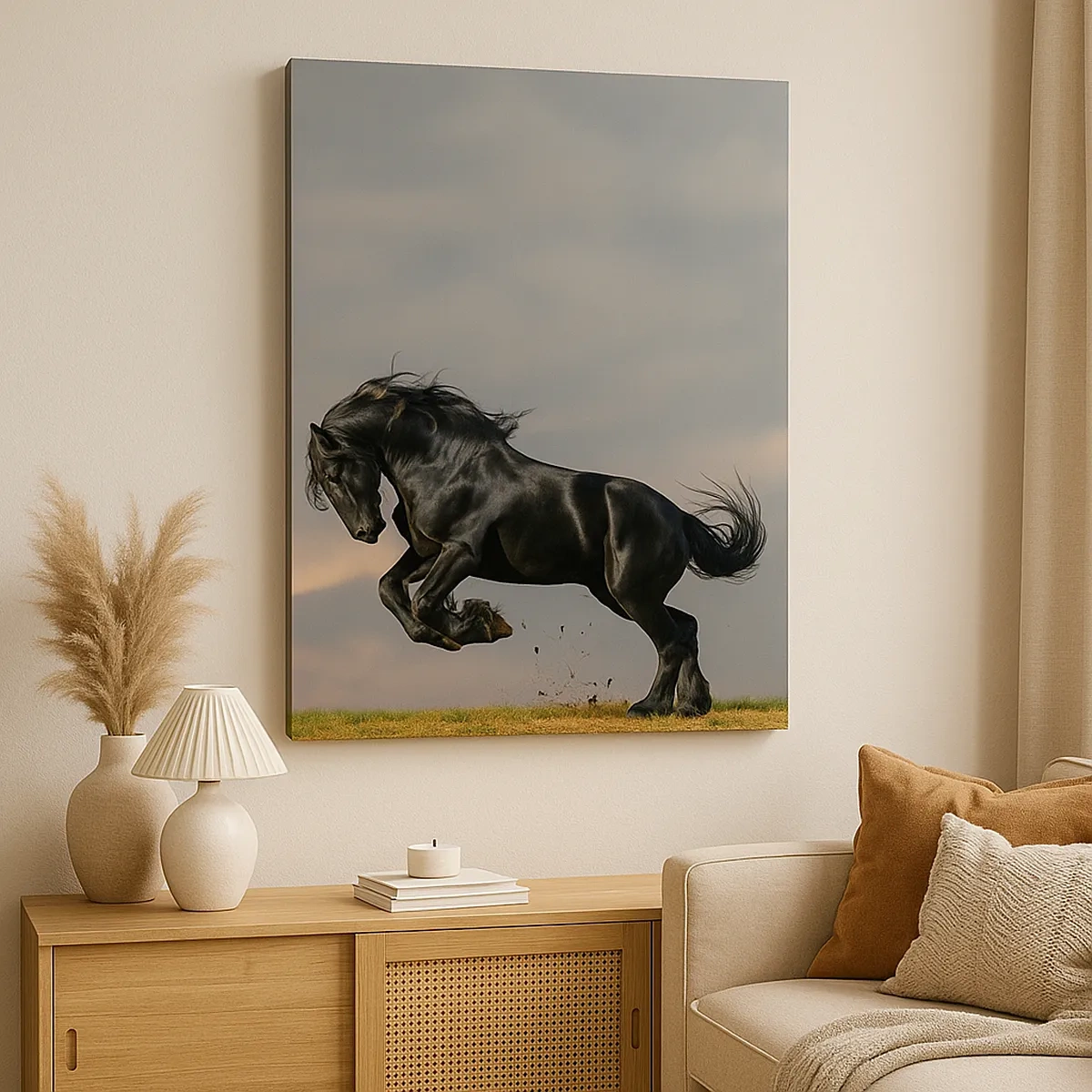 Quadro su tela - Stampe su Tela - Un cavallo oscuro in un salto dinamico contro il cielo - 50x70cm - Libero e bello - Decorazione murale moderna per soggiorno e camera da letto ARTTOR