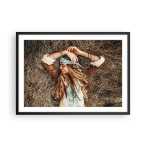Poster in cornice nera - Donna in stile boho sdraiata sul fieno - 70x50cm - Verso gli anni dell'amore - Decorazione murale moderna per soggiorno e camera da letto ARTTOR