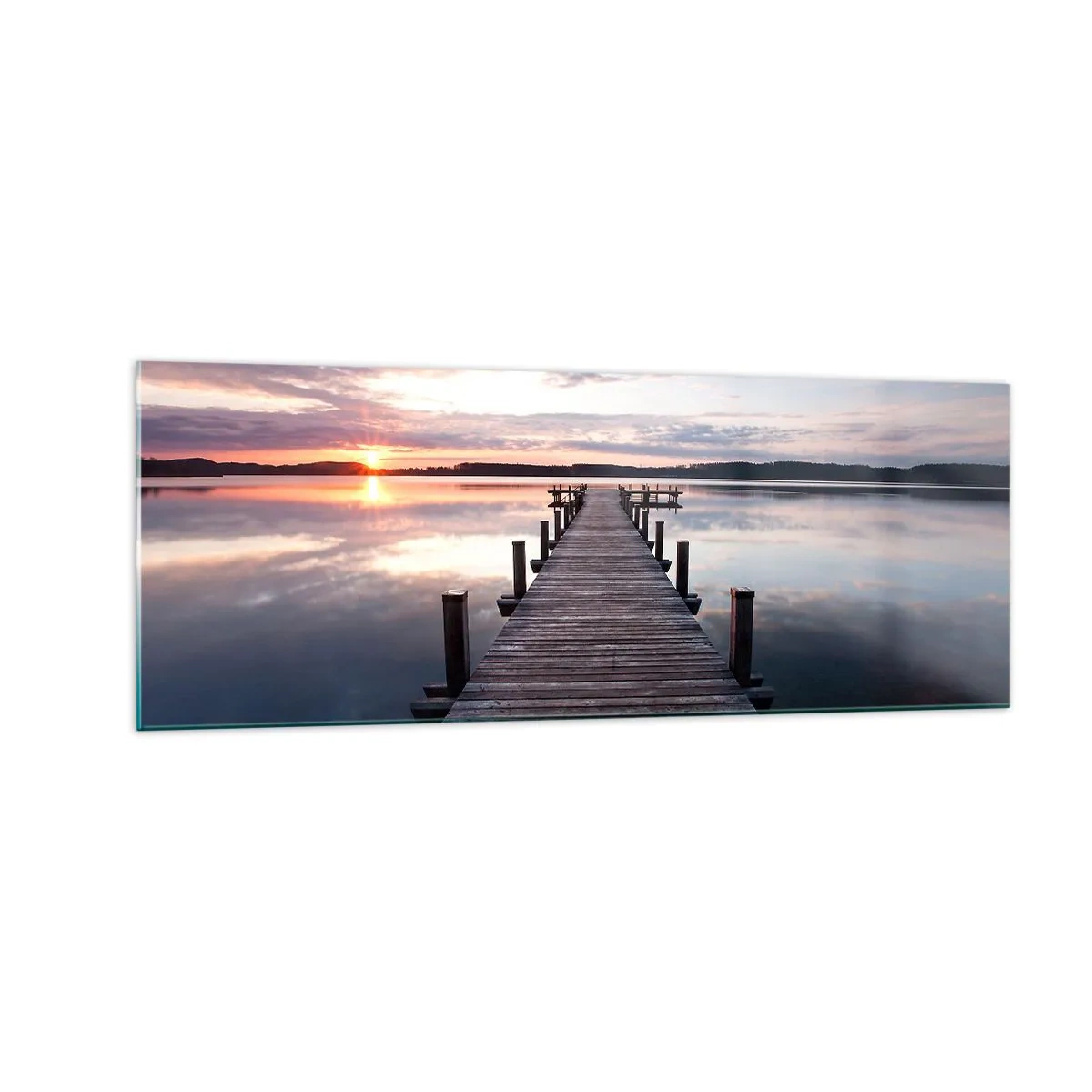 Quadro su vetro - Un molo su un lago al tramonto in un paesaggio tranquillo - 140x50cm - Il silenzioso confine del giorno e della notte - Decorazione murale moderna per soggiorno e camera da letto ARTTOR