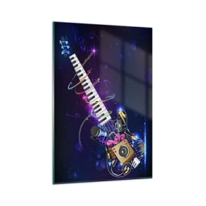 Quadro su vetro - Una chitarra colorata con una tastiera e un microfono su uno sfondo scuro. - 80x120cm - Armonia di suoni - Decorazione murale moderna per soggiorno e camera da letto ARTTOR