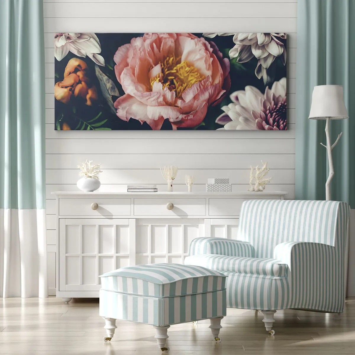 Quadro su tela - Stampe su Tela - Composizione floreale con peonia e crisantemi su sfondo scuro - 160x50cm - Con fasto barocco - Decorazione murale moderna per soggiorno e camera da letto ARTTOR