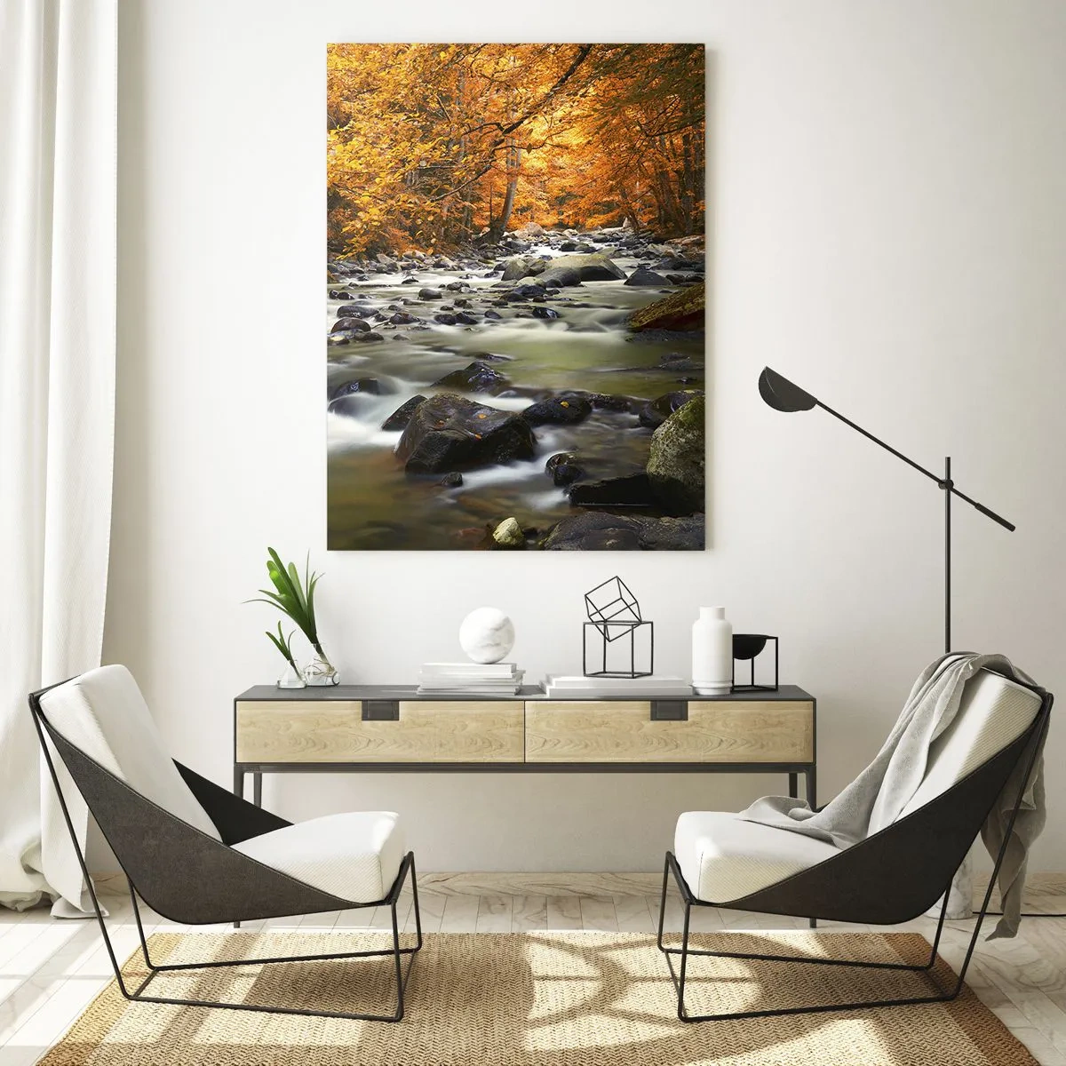 Quadro su vetro - Bosco autunnale con ruscello e pietre - 50x70cm - Ruscello nel bosco dorato - Decorazione murale moderna per soggiorno e camera da letto ARTTOR