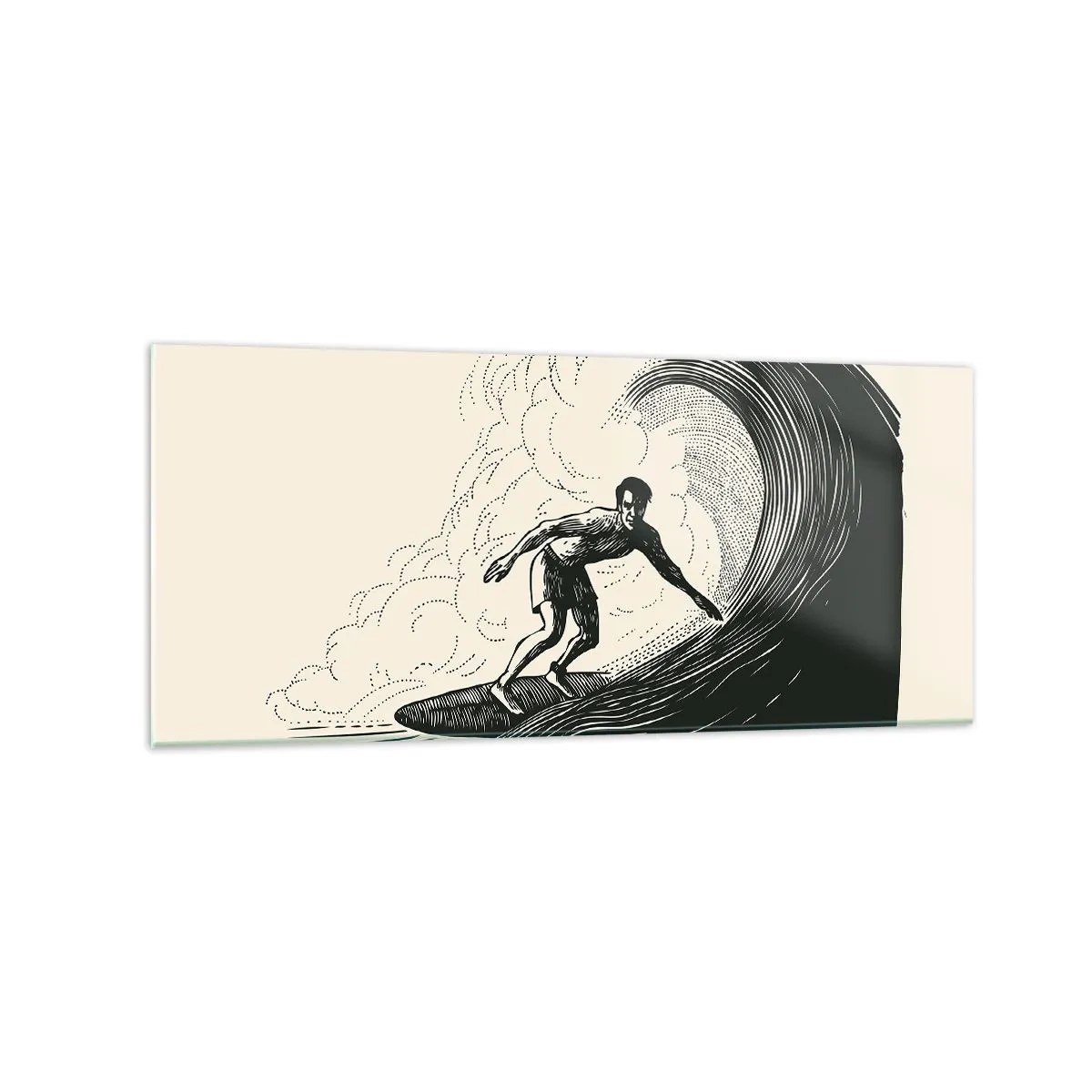 Quadro su vetro - Grafica in bianco e nero di un surfista che cavalca un'onda - 120x50cm - Il re delle onde - Decorazione murale moderna per soggiorno e camera da letto ARTTOR