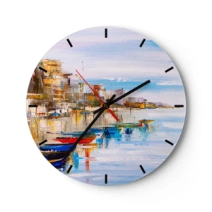 Orologio da parete - Orologio in Vetro - Un rifugio urbano colorato in stile impressionista - 30x30cm - Molo cittadino multicolore - Decorazione murale moderna per soggiorno, cucina e camera da letto ARTTOR