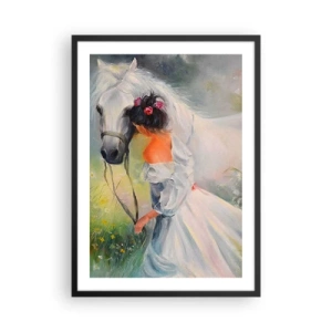 Poster in cornice nera - Una donna con un cavallo bianco in stile pittorico - 50x70cm - Come in un bel sogno - Decorazione murale moderna per soggiorno e camera da letto ARTTOR