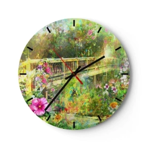 Orologio da parete - Orologio in Vetro - Un ponte circondato da fiori nel giardino estivo - 30x30cm - Il ponte dei sospiri primaverili - Decorazione murale moderna per soggiorno, cucina e camera da letto ARTTOR