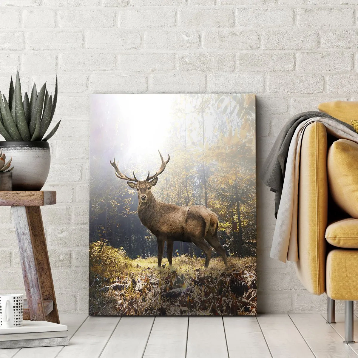 Quadro su tela - Stampe su Tela - Cervi nella foresta autunnale con raggi di sole - 70x100cm - Nella piena maestà - Decorazione murale moderna per soggiorno e camera da letto ARTTOR