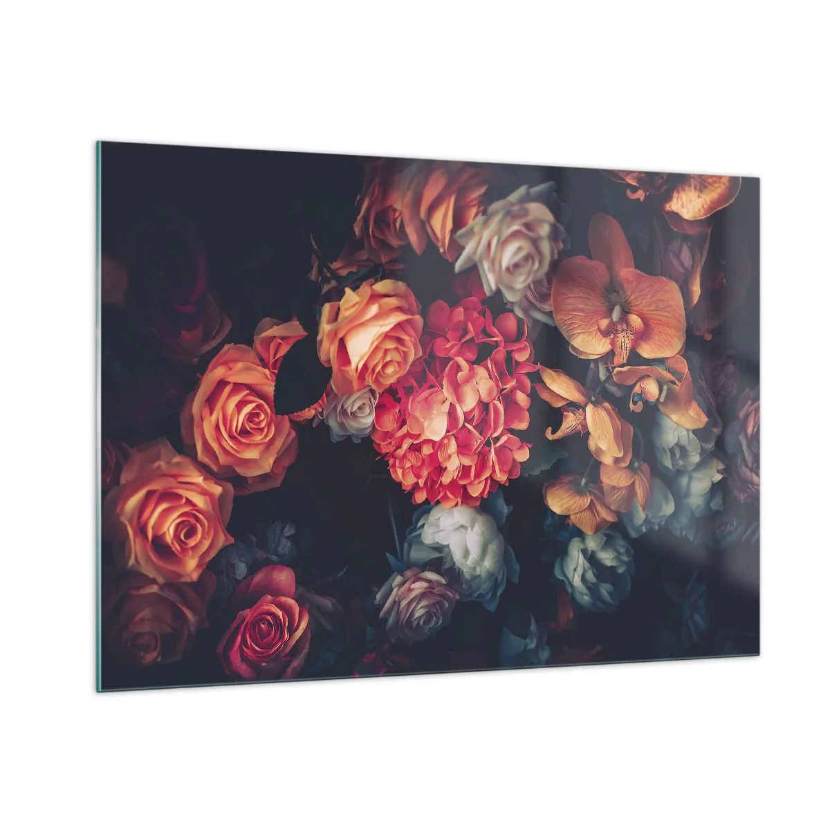 Quadro su vetro - Composizione floreale scura con rose e orchidee - 100x70cm - Come i maestri olandesi - Decorazione murale moderna per soggiorno e camera da letto ARTTOR