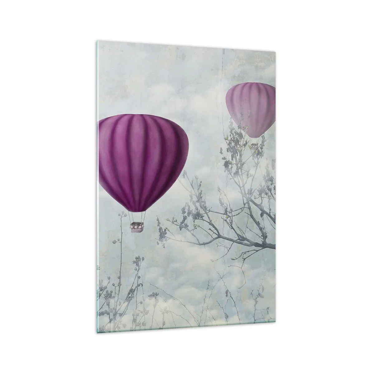 Quadro su vetro - Palloncini viola che fluttuano sopra gli alberi tra le nuvole - 70x100cm - Come navi nel cielo - Decorazione murale moderna per soggiorno e camera da letto ARTTOR