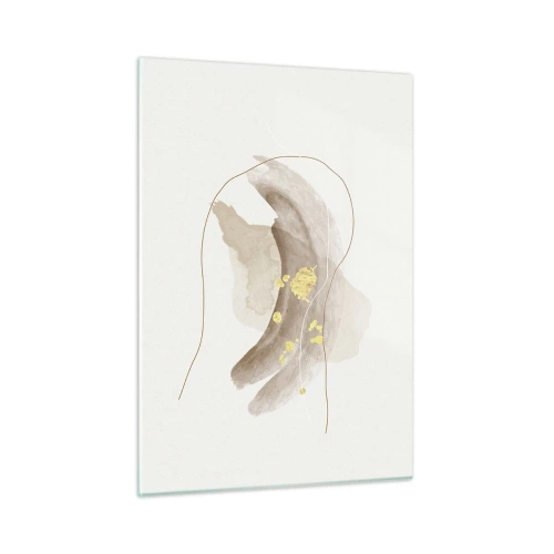 Quadro su vetro - Astrazione beige e oro con linee e forme delicate - 50x70cm - Incontro nello spazio - Decorazione murale moderna per soggiorno e camera da letto ARTTOR