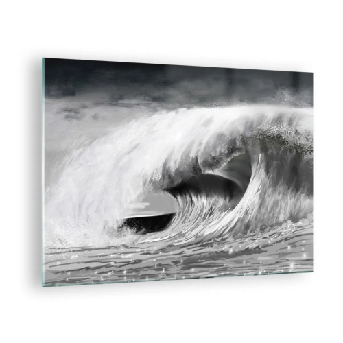 Quadro su vetro - Un'onda potente catturata in un'estetica in bianco e nero - 70x50cm - La furia dell'oceano - Decorazione murale moderna per soggiorno e camera da letto ARTTOR