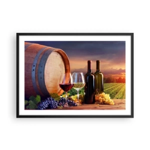 Poster in cornice nera - Vino, bicchieri e una botte in un paesaggio pittoresco - 70x50cm - Qui la vita ha gusto - Decorazione murale moderna per soggiorno e camera da letto ARTTOR