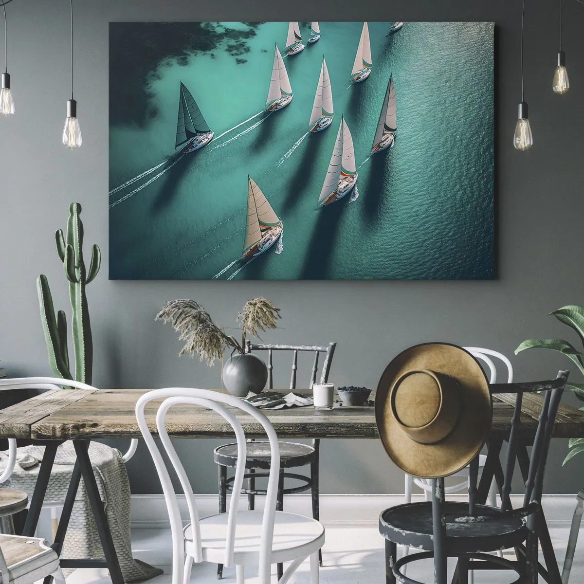 Quadro su tela - Stampe su Tela - Yacht in movimento dinamico sulle acque turchesi - 70x50cm - In gara con il vento - Decorazione murale moderna per soggiorno e camera da letto ARTTOR