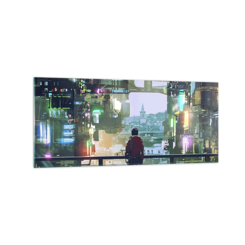 Quadro su vetro - Una figura in una città futuristica con luci al neon - 120x50cm - Due mondi - Decorazione murale moderna per soggiorno e camera da letto ARTTOR