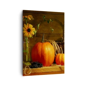Quadro su tela - Stampe su Tela - Composizione autunnale con zucche e fiori su uno sfondo di legno - 50x70cm - Composizione rustica: i doni dell'autunno - Decorazione murale moderna per soggiorno e camera da letto ARTTOR
