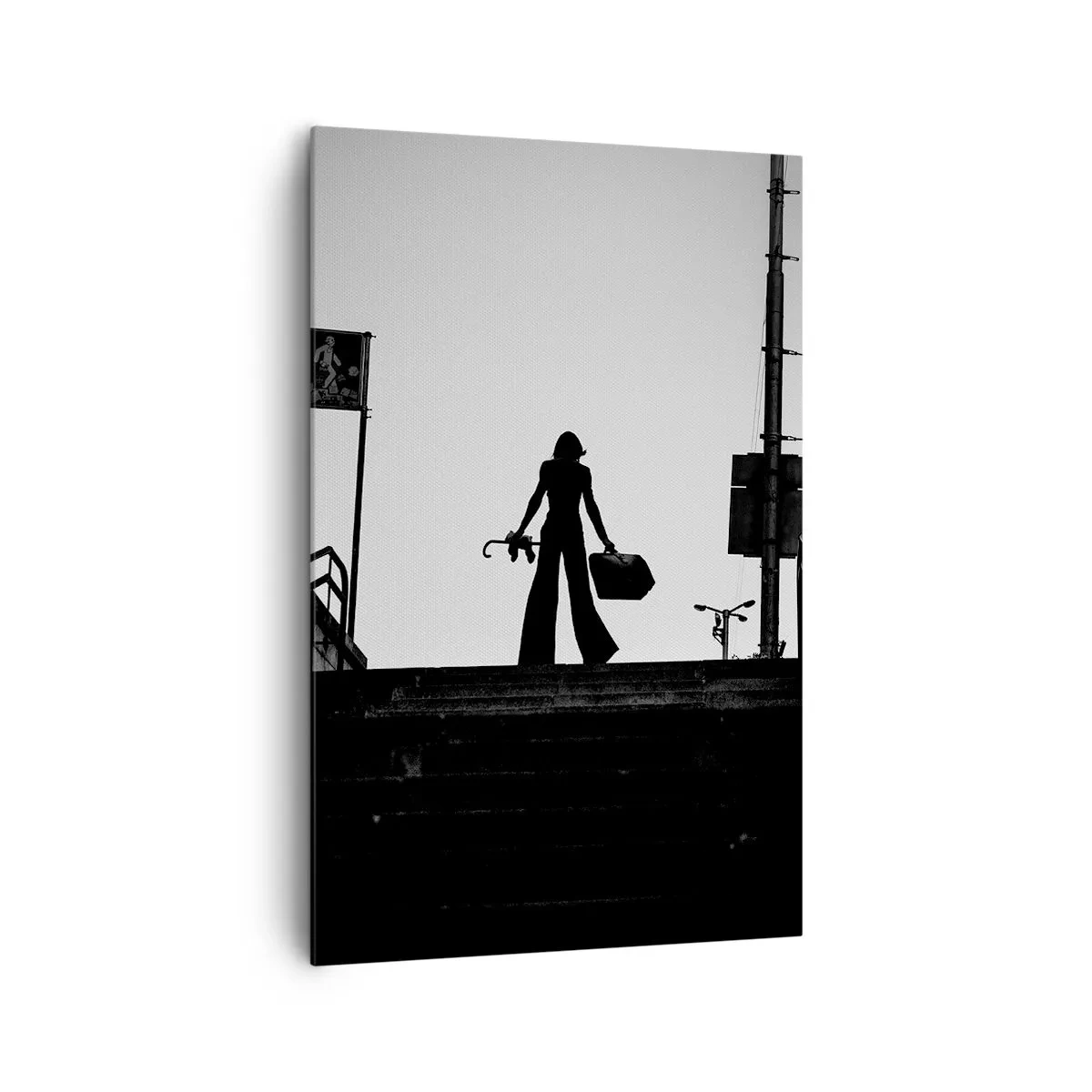 Quadro su tela - Stampe su Tela - Una figura femminile sulle scale in bianco e nero con un'atmosfera dinamica - 80x120cm - Gita cittadina - Decorazione murale moderna per soggiorno e camera da letto ARTTOR