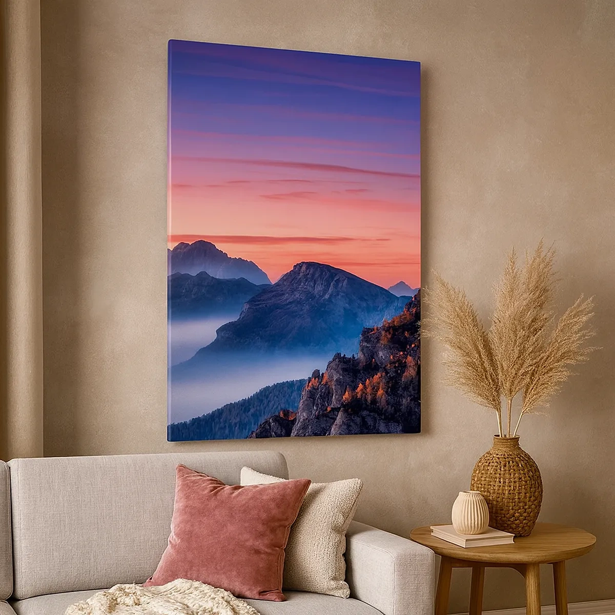 Quadro su tela - Stampe su Tela - Paesaggio montano all'alba con nebbia nelle valli - 50x70cm - Sopra le valli - Decorazione murale moderna per soggiorno e camera da letto ARTTOR
