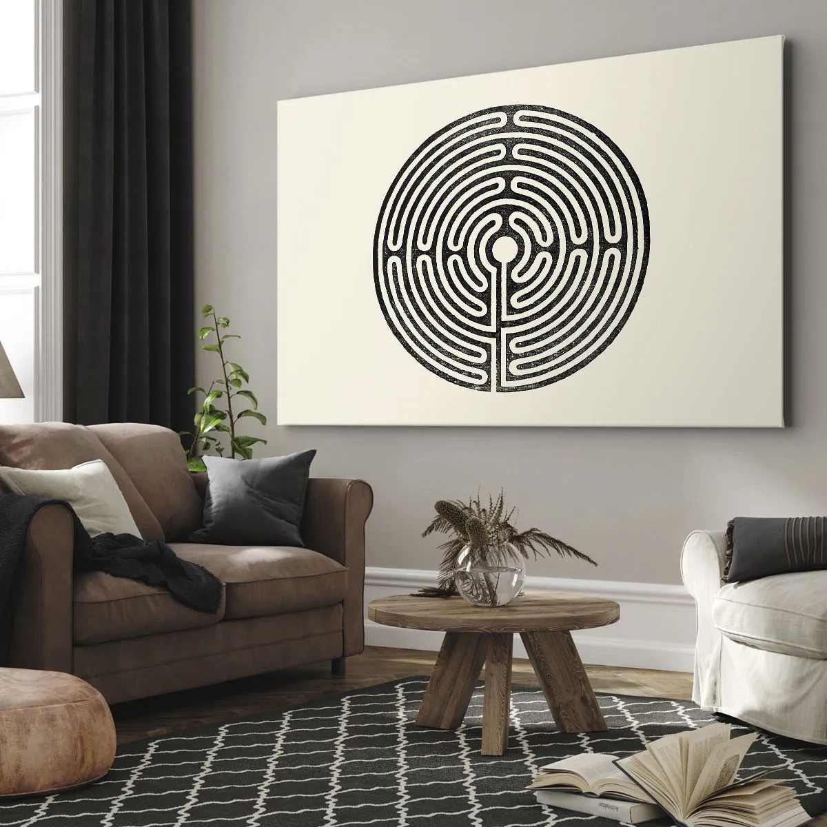 Quadro su tela - Stampe su Tela - Labirinto circolare bianco e nero su sfondo chiaro - 70x50cm - Ordine misterioso - Decorazione murale moderna per soggiorno e camera da letto ARTTOR
