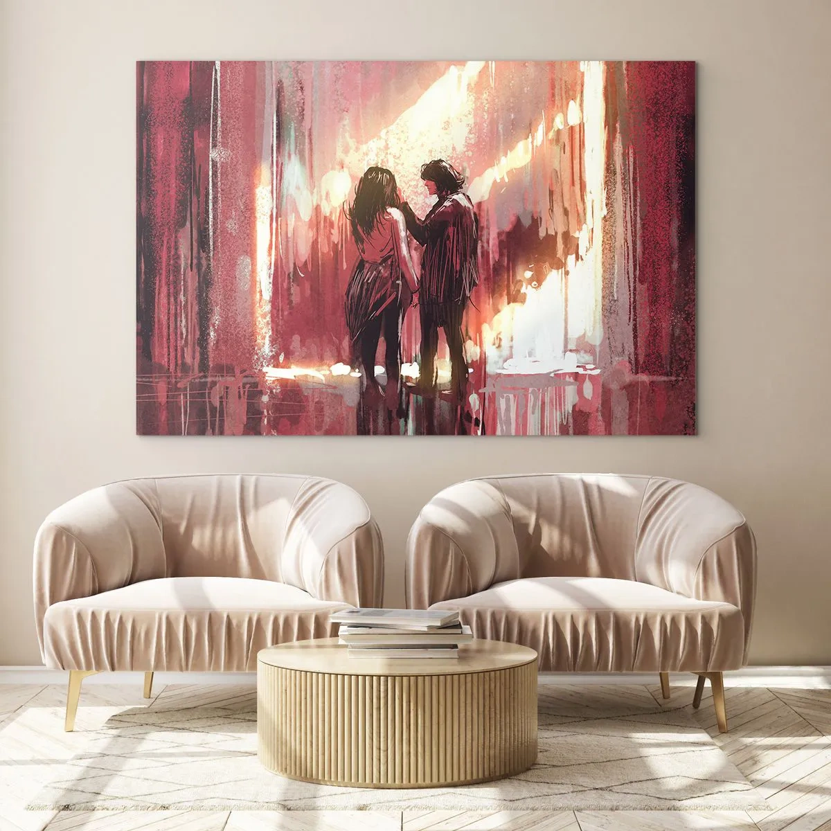 Quadro su vetro - Una coppia nella calda luce di un ambiente astratto - 70x50cm - L'eterno spettacolo dell'amore - Decorazione murale moderna per soggiorno e camera da letto ARTTOR