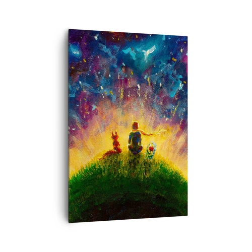 Quadro su tela - Stampe su Tela - Figure su una collina verde circondata da un cielo stellato - 70x100cm - Amore e amicizia: l'intero mondo - Decorazione murale moderna per soggiorno e camera da letto ARTTOR