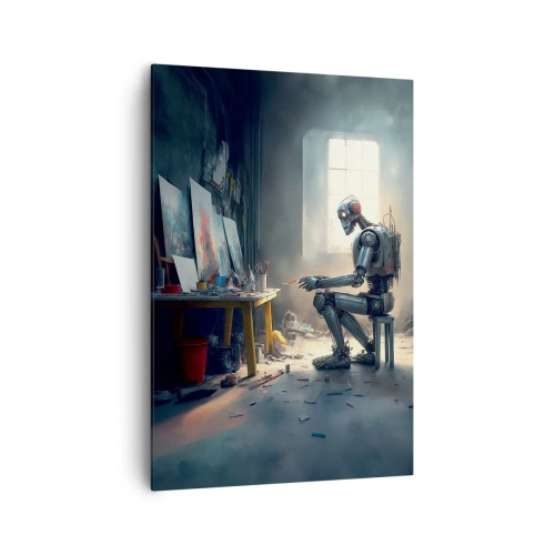 Quadro su tela - Stampe su Tela - Un robot che dipinge un quadro in uno studio d'arte - 70x100cm - Atto creativo - Decorazione murale moderna per soggiorno e camera da letto ARTTOR