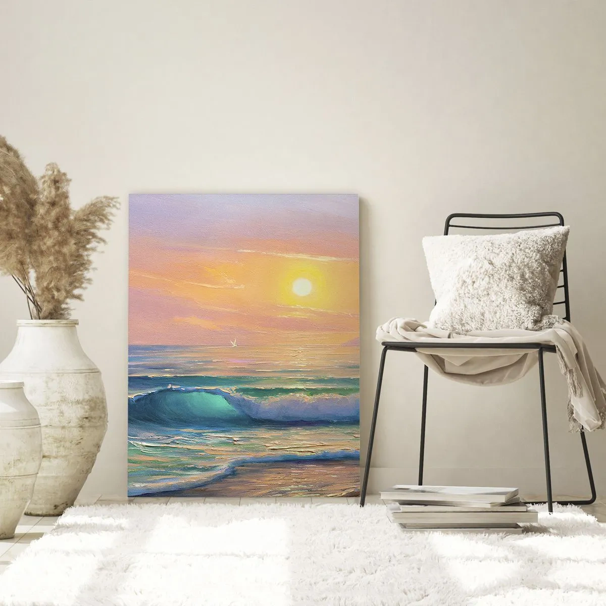 Quadro su vetro - Paesaggio marino con tramonto - 70x100cm - Il canto turchese delle onde - Decorazione murale moderna per soggiorno e camera da letto ARTTOR