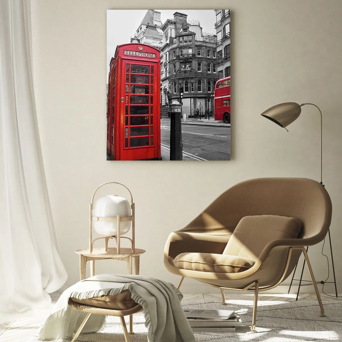 Quadro su vetro - Una cabina telefonica rossa e un autobus a due piani a Londra con la città sullo sfondo - 70x100cm - Il più rosso d'Europa - Decorazione murale moderna per soggiorno e camera da letto ARTTOR