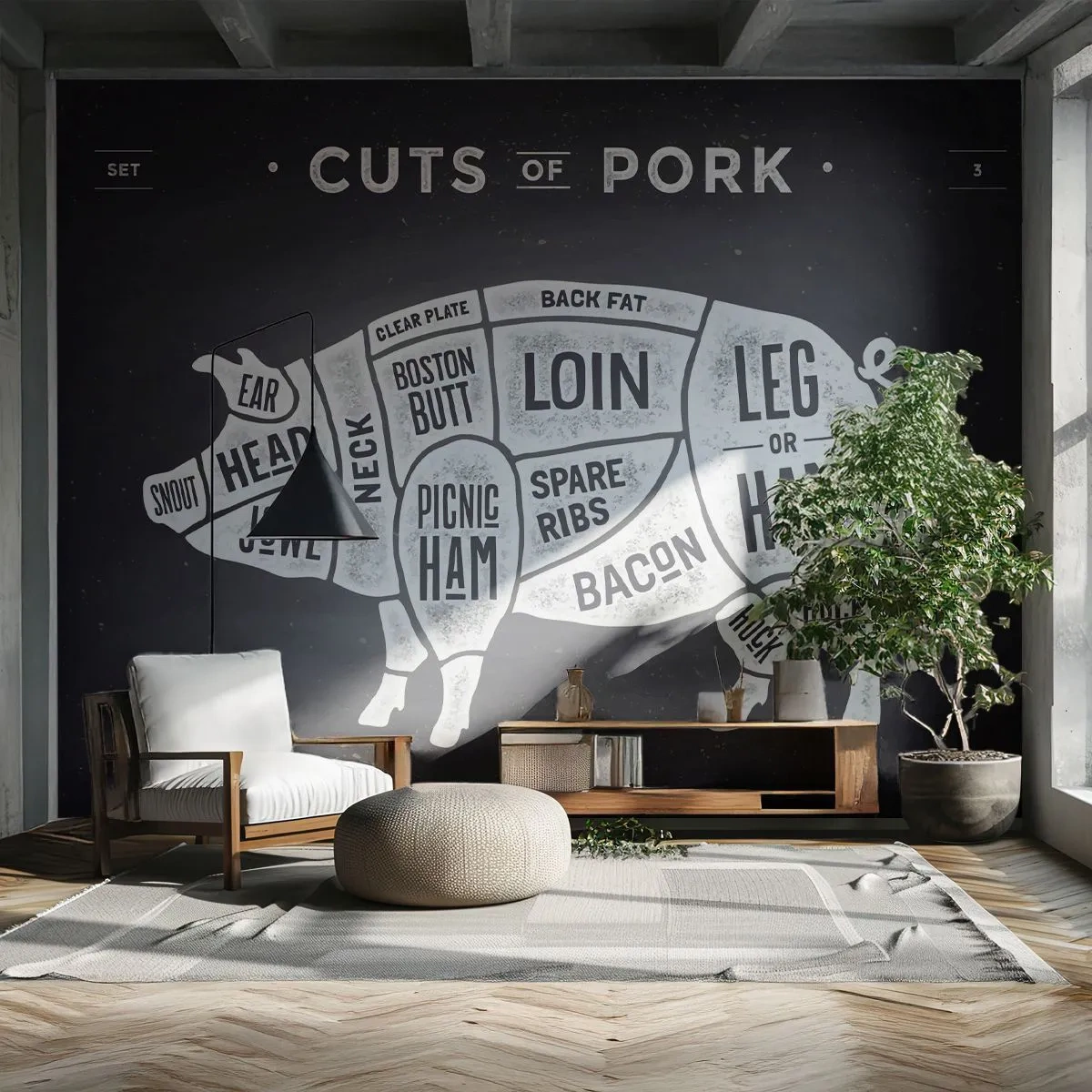 Fotomurali Standard Eco - Il sillabario del macellaio - Gastronomia, Maiale animale, Maiale - 150x105 cm