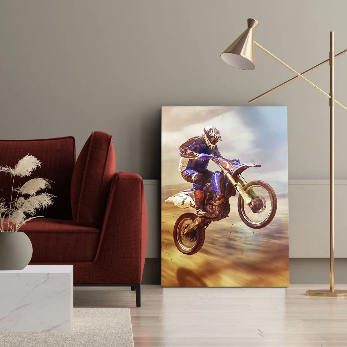 Quadro su tela - Stampe su Tela - Un motociclista in volo durante un dinamico giro fuoristrada - 80x120cm - Vertigini motociclistiche - Decorazione murale moderna per soggiorno e camera da letto ARTTOR