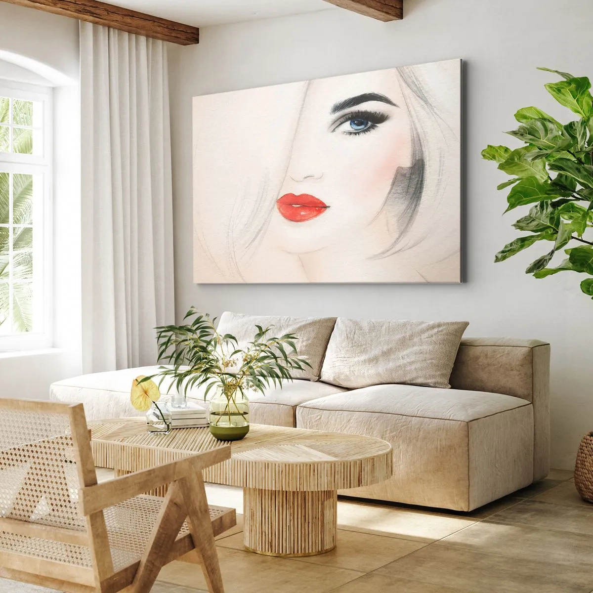 Quadro su tela - Stampe su Tela - Un ritratto minimalista di una donna con occhi azzurri e labbra rosse. - 100x70cm - Ipnotizza e inebria - Decorazione murale moderna per soggiorno e camera da letto ARTTOR