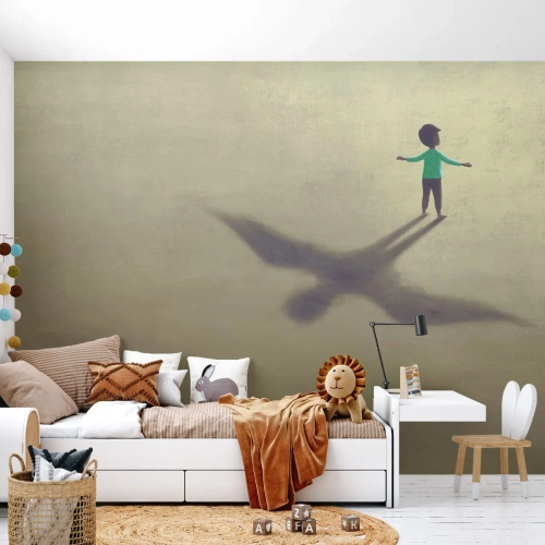 Fotomurali Standard Eco - Sagoma di un bambino con un'ombra a forma di uccello sul terreno - 100x70cm - Eroe del futuro - Decorazione murale moderna per soggiorno e camera da letto ARTTOR