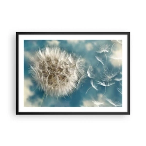 Poster in cornice nera - Un dente di leone soffiato contro un cielo blu - 70x50cm - Il respiro dell'angelo - Decorazione murale moderna per soggiorno e camera da letto ARTTOR