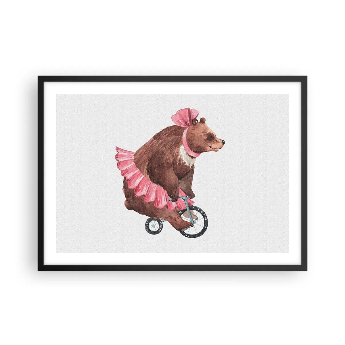 Poster in cornice nera - Un orsacchiotto con una gonna rosa su una bicicletta in stile retrò - 70x50cm - Evviva il circo! - Decorazione murale moderna per soggiorno e camera da letto ARTTOR