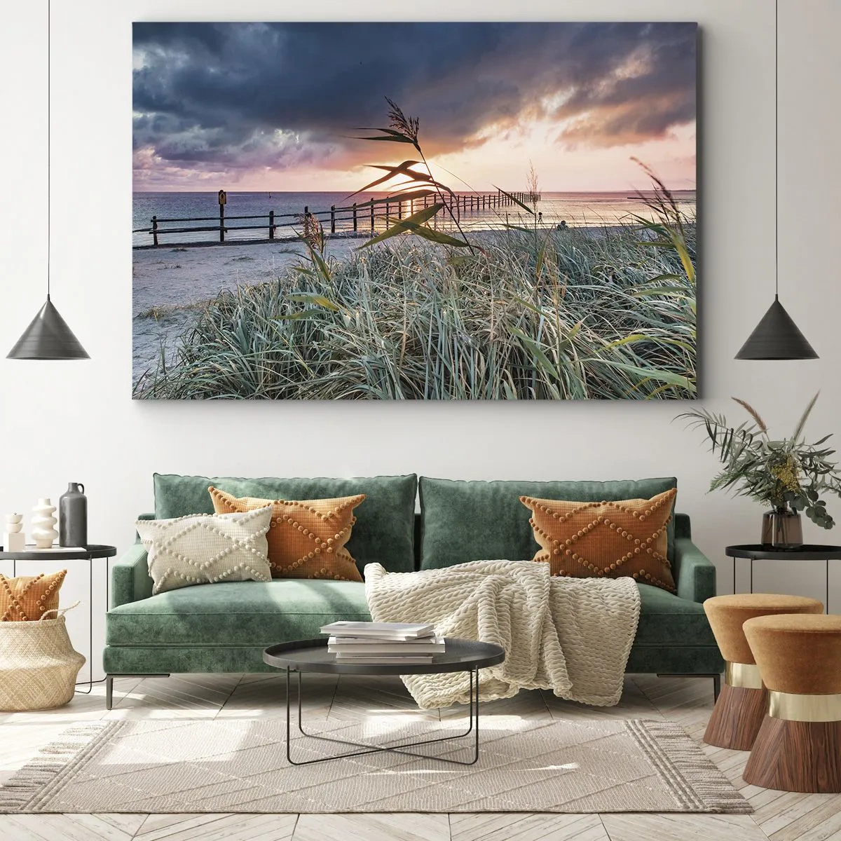 Quadro su tela - Stampe su Tela - Spiaggia al tramonto con erba in primo piano - 120x80cm - Non andrà via col vento - Decorazione murale moderna per soggiorno e camera da letto ARTTOR