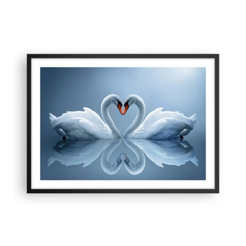 Poster in cornice nera - Due cigni formano un cuore su una superficie calma dell'acqua - 70x50cm - Il tempo dell'amore - Decorazione murale moderna per soggiorno e camera da letto ARTTOR