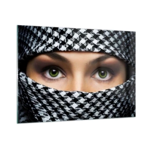 Quadro su vetro - Occhi verdi circondati da un motivo bianco e nero - 100x70cm - Ritratto di bellezza velata con gli occhi verdi - Decorazione murale moderna per soggiorno e camera da letto ARTTOR