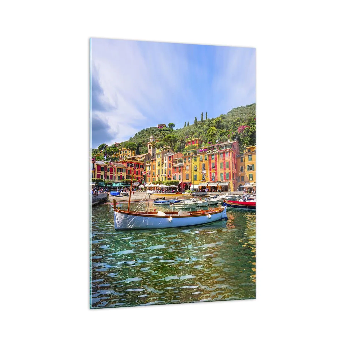 Quadro su vetro - Case a schiera colorate e barche in una città costiera italiana - 70x100cm - Mattino italiano - Decorazione murale moderna per soggiorno e camera da letto ARTTOR