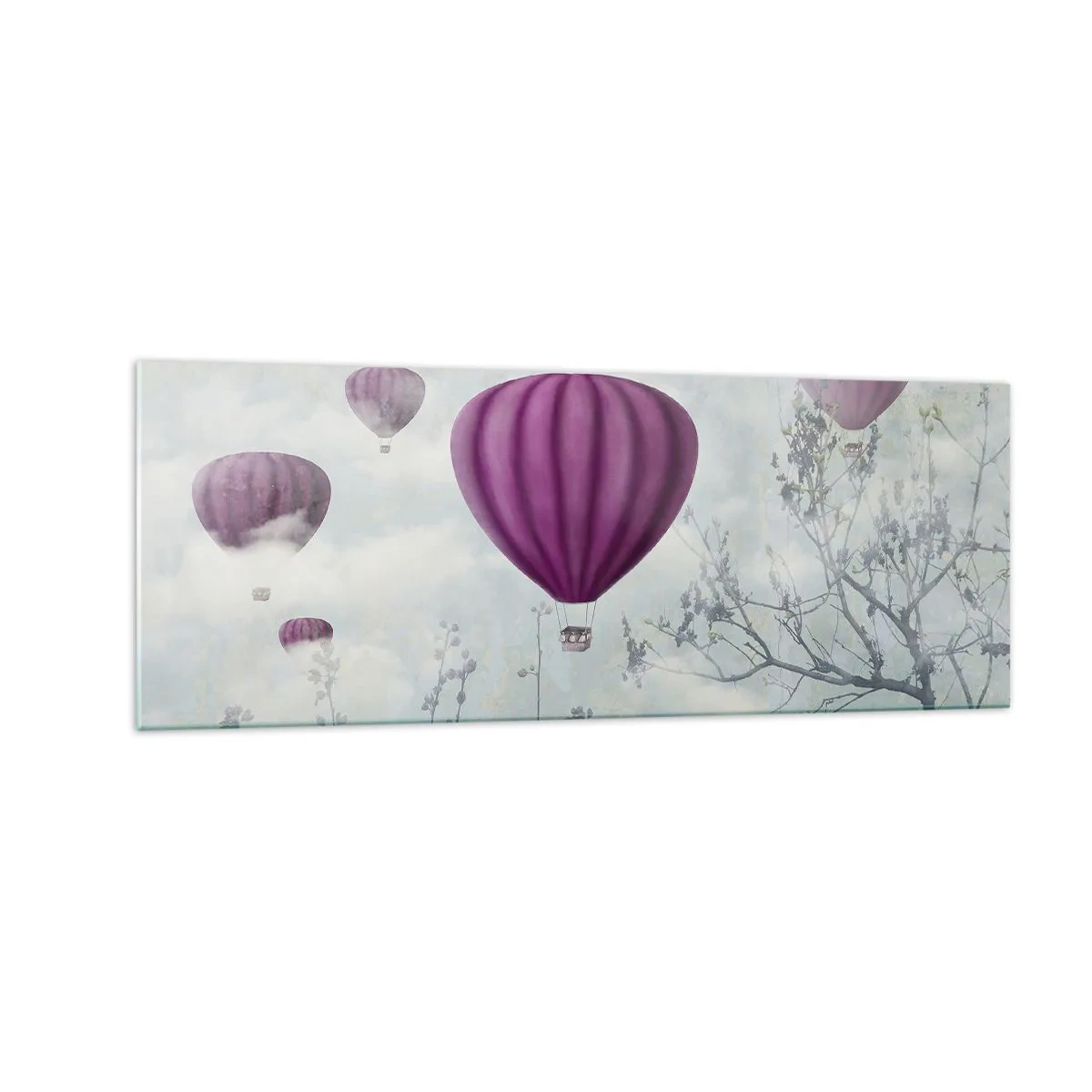Quadro su vetro - Palloncini viola che fluttuano sopra gli alberi tra le nuvole - 140x50cm - Come navi nel cielo - Decorazione murale moderna per soggiorno e camera da letto ARTTOR