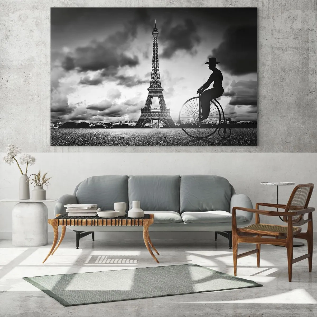 Quadro su vetro - Torre Eiffel con bicicletta retrò in bianco e nero - 100x70cm - Nostalgia della Belle Epoque - Decorazione murale moderna per soggiorno e camera da letto ARTTOR