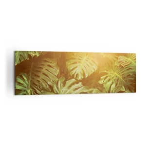 Quadro su tela - Stampe su Tela - Foglie di Monstera alla luce del sole su uno sfondo naturale - 160x50cm - Entrando nel verde... - Decorazione murale moderna per soggiorno e camera da letto ARTTOR