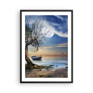 Poster in cornice nera - Paesaggio con una barca, un albero e la luna su uno sfondo di acqua calma - 50x70cm - È la fine o l'inizio? - Decorazione murale moderna per soggiorno e camera da letto ARTTOR