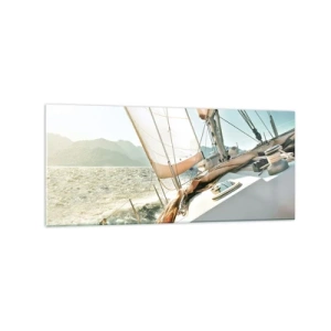 Quadro su vetro - Uno yacht in mare aperto con vista sulle montagne - 120x50cm - A vele spiegate - Decorazione murale moderna per soggiorno e camera da letto ARTTOR