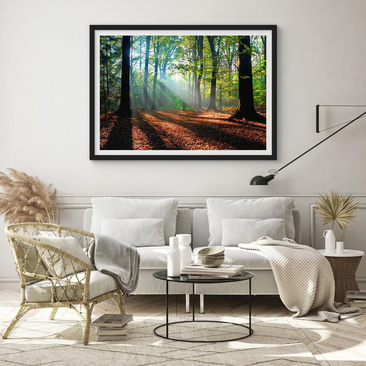 Poster in cornice nera - Una radura della foresta illuminata dai raggi del sole - 100x70cm - Luci e ombre - Decorazione murale moderna per soggiorno e camera da letto ARTTOR