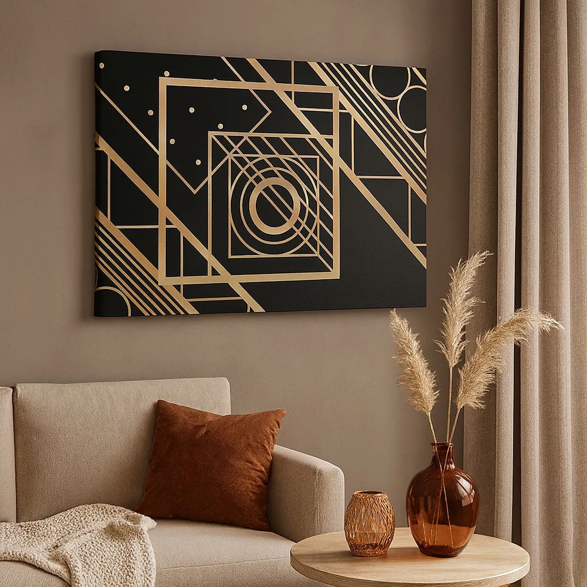 Quadro su tela - Stampe su Tela - Motivi geometrici dorati su sfondo nero - 70x50cm - Geometria dorata - Decorazione murale moderna per soggiorno e camera da letto ARTTOR