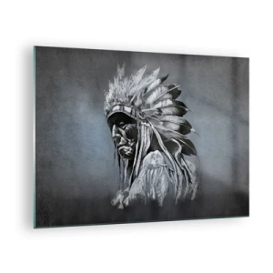 Quadro su vetro - Ritratto di un uomo con un copricapo di piume su uno sfondo grigio scuro - 70x50cm - Ritorno alle radici - Decorazione murale moderna per soggiorno e camera da letto ARTTOR